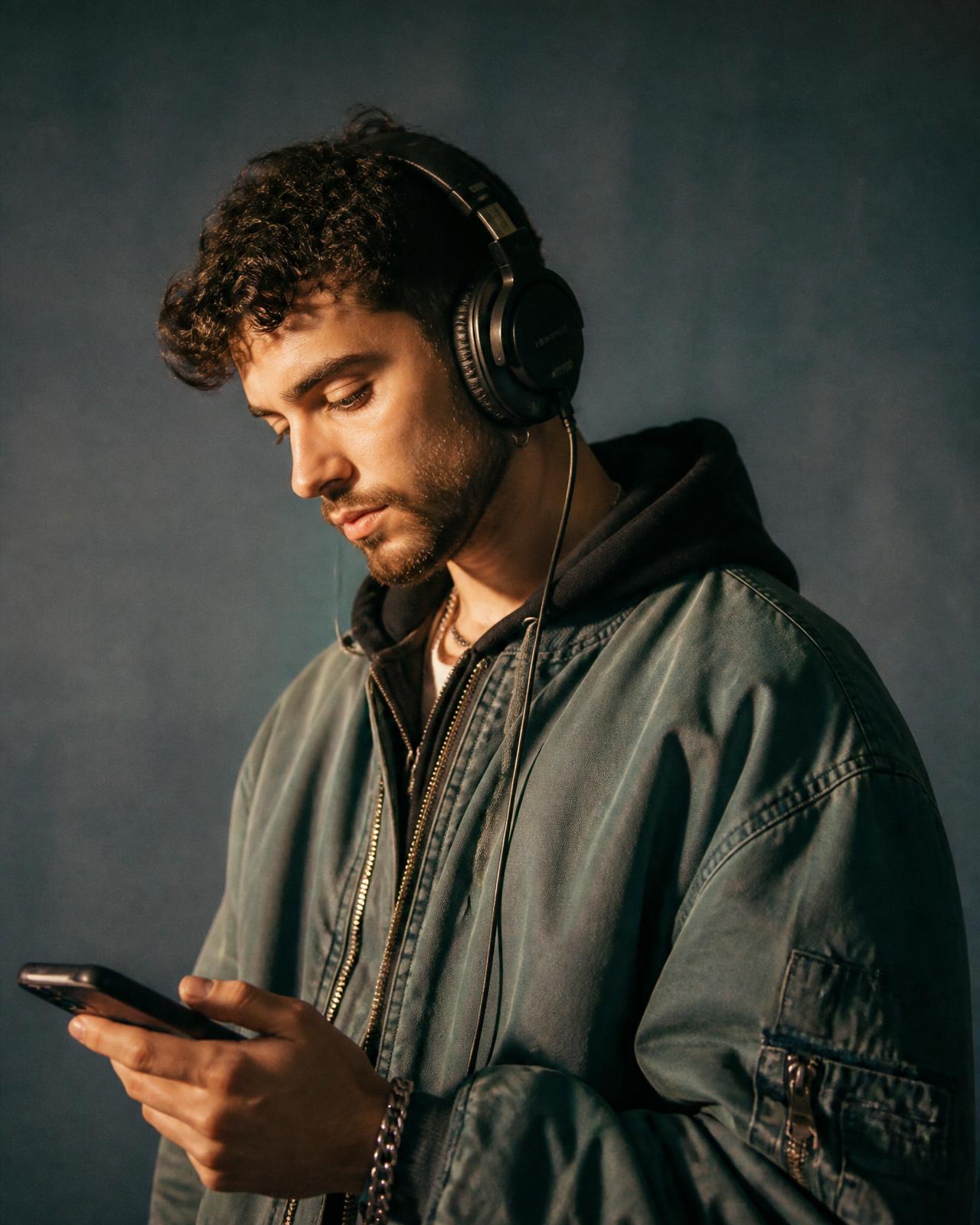 Listener with headphones discovering rights-cleared music on Starflow